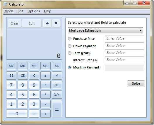 Windows 7 Mortgage Estimation Template in Calculator