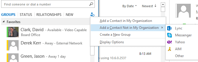 Add a new external contact in Lync 2013, shows Messenger with a Skype Logo